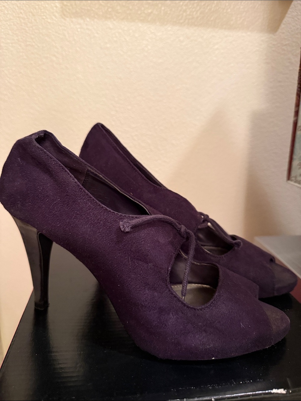 FIONI Clothing Purple Suede Peep-Toe Tie Heels
